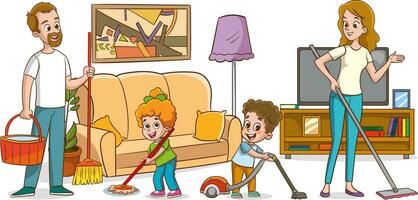 Happy family cleaning the living room with a mop and broom illustration vector