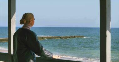 A girl on the shore of the Black Sea breathes sea air on a sunny clear day video