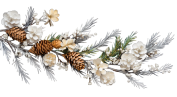 Fir branch, with branches of berries and snow isolated. snowing fir tree branch, isolated on transparent background, AI generated png