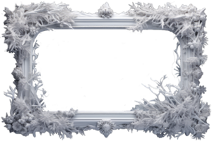 en ram av en frostig mönster av is kristaller på en transparent bakgrund. en ram med ett abstrakt is strukturera. frost på de glas, frysning effekt, ai genererad png