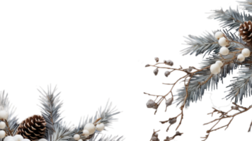 Border with fir branches and decoration ornaments elements on transparent background. Realistic 3d design. New Year background, AI generated png