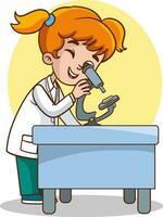 ilustración de un niño niña estudiando en un laboratorio con microscopio vector