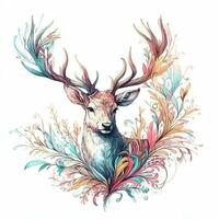 A deer Hand painted artistic flowers watercolor. drawing deer head isolated on white background photo