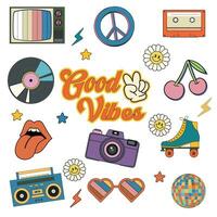 Hippy stickers. Set hippy stickers of isolated retro 70s 90s groovy elements. Cute retro groovy hippie design for decorative, sticker. vector