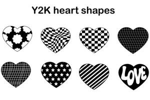 Set of aesthetic y2k heart shapes. Simple black and white geometric retro shapes. 2000s Y2k retro futuristic aesthetic. For social networks or posters. 00s love concept. vector