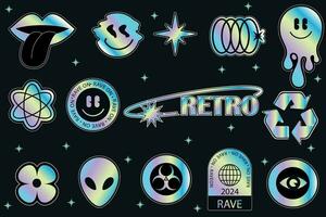 Set of holographic retro futuristic stickers. Stickers with iridescent foil adhesive film with symbols and objects in y2k style. Holographic futuristic labels. Vector illustration