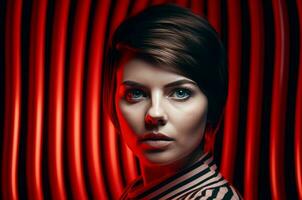 Glamour model portrait on red stripes closeup. Generate Ai photo