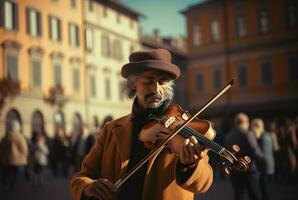 Violinist at city square. Generate Ai photo