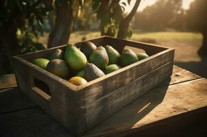 Avocado wooden box at table. Generate Ai photo