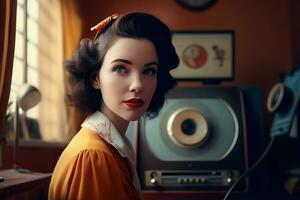 Woman retro music style radio. Generate Ai photo