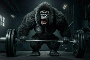 Gorilla man with gym barbell style monkey. Generate Ai photo