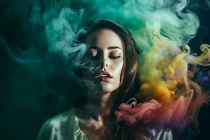 Fine art woman photo in colorful smoke. Generate Ai