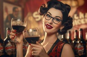 Retro woman toasting wine glasses. Generate Ai photo