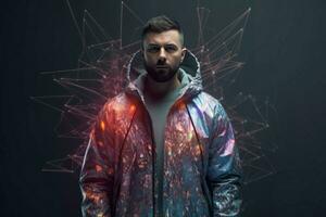 Man wear colorful windbreaker futuristic. Generate Ai photo