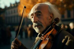 violinista a ciudad cuadrado a otoño. generar ai foto