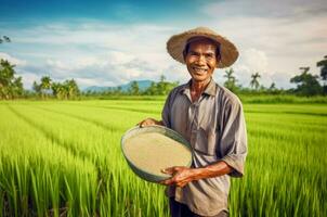 Thai rice farmer smiling photo. Generate Ai photo