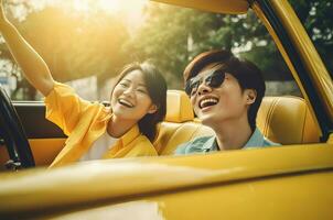 Asian friends vibing in car. Generate Ai photo