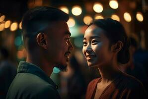 Chinese couple photo street night. Generate Ai