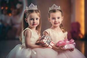 Cute little princesses girls photo portrait. Generate Ai