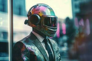 Man cyber helmet suit. Generate Ai photo