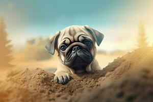 Pug puppy in sandbox. Generate Ai photo