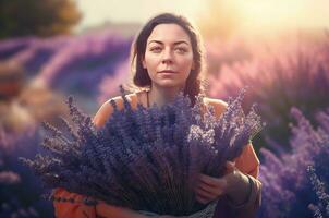Autistic woman lavender field. Generate Ai photo