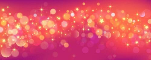 Red background with glitter stars. Bright purple fantasy sky. Space with bokeh. Fairy iridescent gradient backdrop. Vector