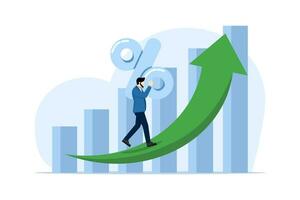 Concept of investment and financial growth, economic improvement and GDP growth, increasing wages and savings, man carrying percentage growth graph arrow. flat vector illustration.