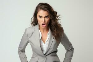 Woman in suit standing and showing his angry emotion. Portrait businesswoman during angry. Isolated on white background. Generative AI photo