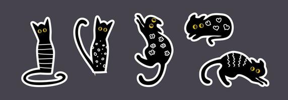 conjunto dibujos animados negro gato en un maceta con plantas de interior vector