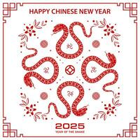 Happy Chinese new year 2025 Zodiac sign, year of the Snake, with red paper cut art and craft style vector