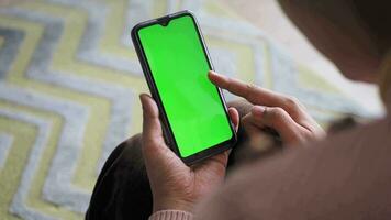 traseiro Visão do mulheres usando inteligente telefone com verde tela sentado em sofá video