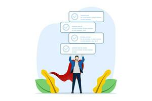 Task management concept, project plan or to-do list, productivity to complete work within deadline, efficiency to organize project checklist, businessman superhero holding completed task board. vector