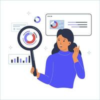 Businesswoman analyst holding magnifying glass analyze graph and chart vector