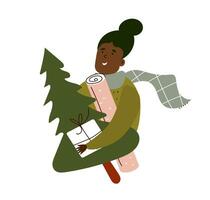 Happy Holiday. African american woman holding presents for his family and a new year tree. Vector flat cartoon illustration on white background.