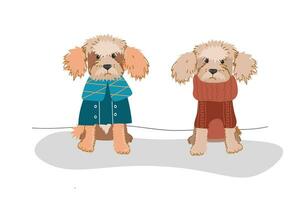 Cute dogs in warm winter costume. Flat vector illustration isolated on white background