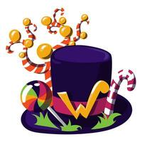 Purple hat with candy. The world of Willy Wonka hat with fictional sweets. The chocolate factory. Willy Wonka chocolate. Striped caramels, trees, grass, a W sign on a white background grow on the hat vector