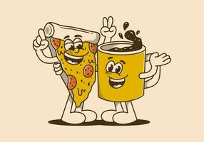 mascota personaje de un café jarra y un rebanada Pizza vector
