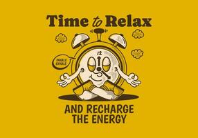 Time to relax. Alarm clock mascot character in meditation pose vector