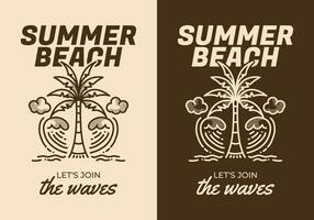 Summer beach, Let's join the waves. Line art illustration of coconut tree and waves vector