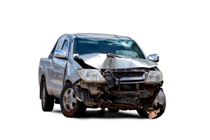 PNG Format of Front and Side view of bronze pickup car get hard damaged by accident on the road. chapped cars after collision. isolated on transparent background