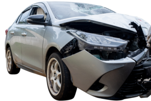 Front and side of bronze or gray car get damaged by accident on the road. damaged cars after collision. isolated on transparent background, car crash bumper for graphic design element, clipping path png