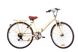 Side view dicut of Old vintage yellow bicycle isolated on transparent background with clipping path include, Classic City Bike, Retro styled image century bicycle, PNG File format