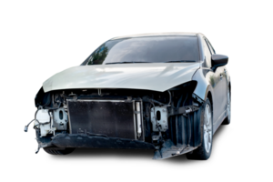 PNG format of Front and side of black car get hard damaged by accident on the road. damaged cars after collision. isolated on transparent background, car crash bumper, broken car accident