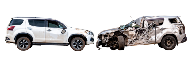Full body side view of silver bronze car get full damaged by accident on the road. damaged cars after collision. Isolated on transparent background , PNG File