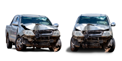 PNG Format set of Front and Side view of bronze pickup car get hard damaged by accident on the road. chapped cars after collision. isolated on transparent background