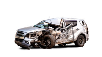 PNG format. Front of white car get damaged by accident on the road. damaged cars after collision. isolated on transparent background