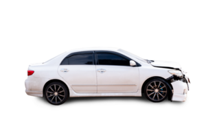 PNG Format of Side view white car get hard damaged by accident on the road. damaged cars after collision. isolated on transparent background, car crash bumper, broken car accident