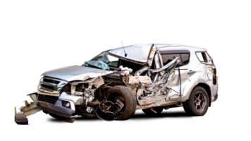 PNG format. Front of white car get damaged by accident on the road. damaged cars after collision. isolated on transparent background