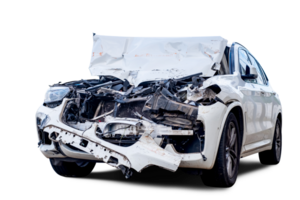 PNG Format,Full body front and side view of white car get damaged by accident on the road. damaged cars after collision. Isolated on transparent background with clipping path, car crash broken